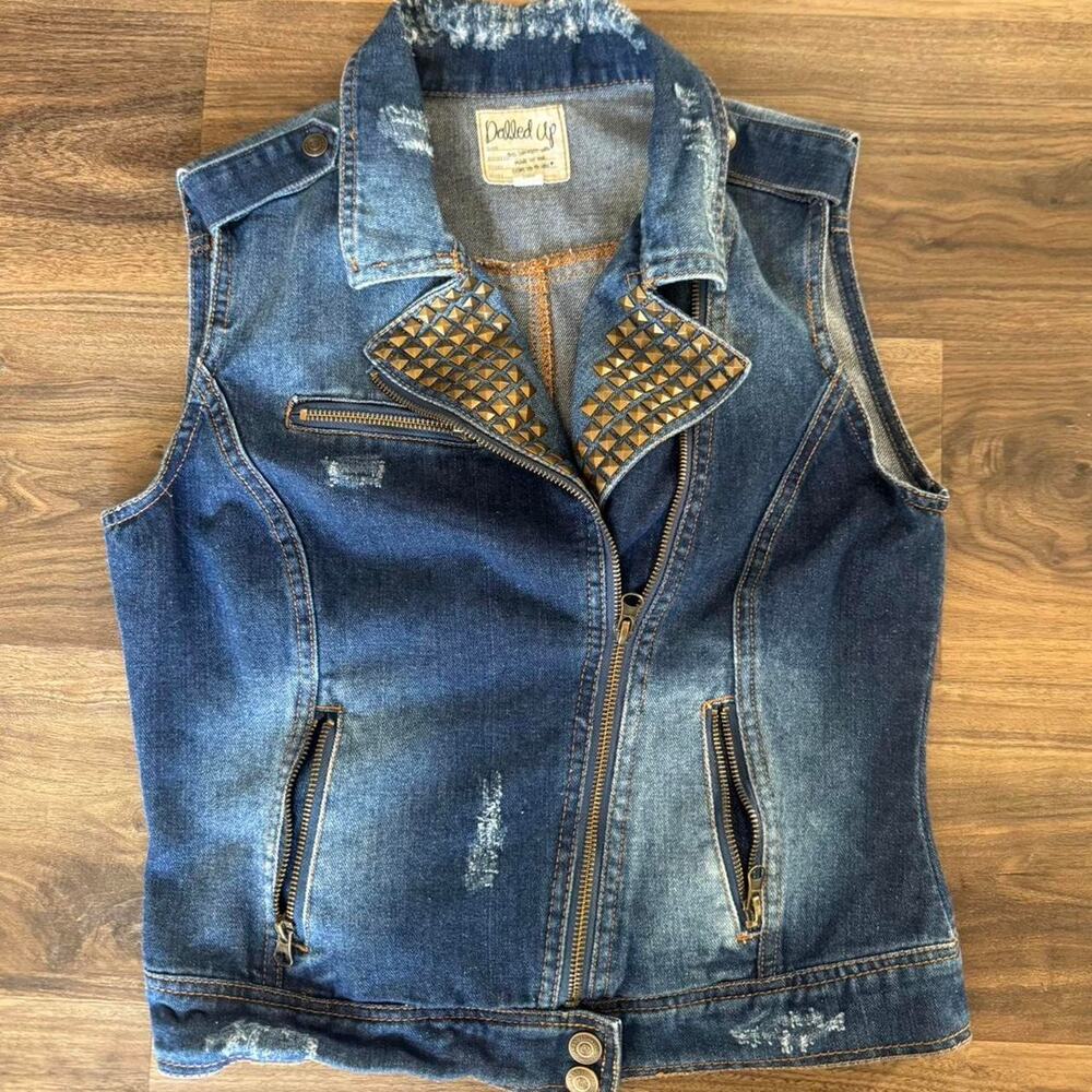 Vintage Y2K Studded denim jean vest distressed dolled up size M Scene punk emo